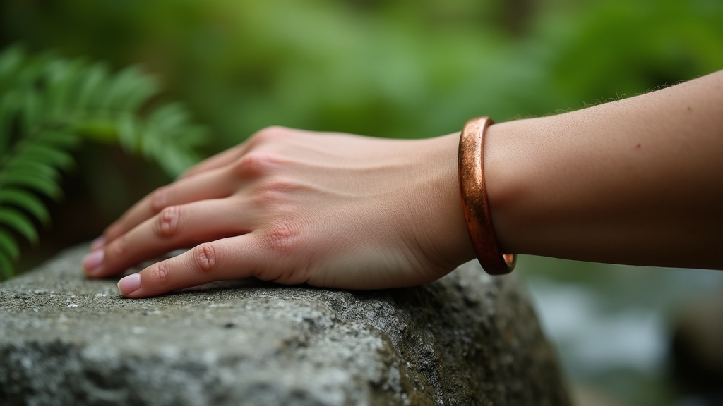 Main portant un bracelet en cuivre sur un poignet avec un fond naturel