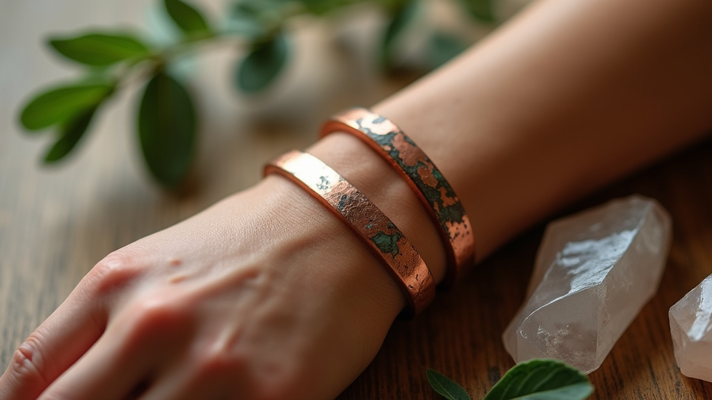 Bracelet en cuivre artisanal posé sur une surface en bois avec des feuilles d'eucalyptus