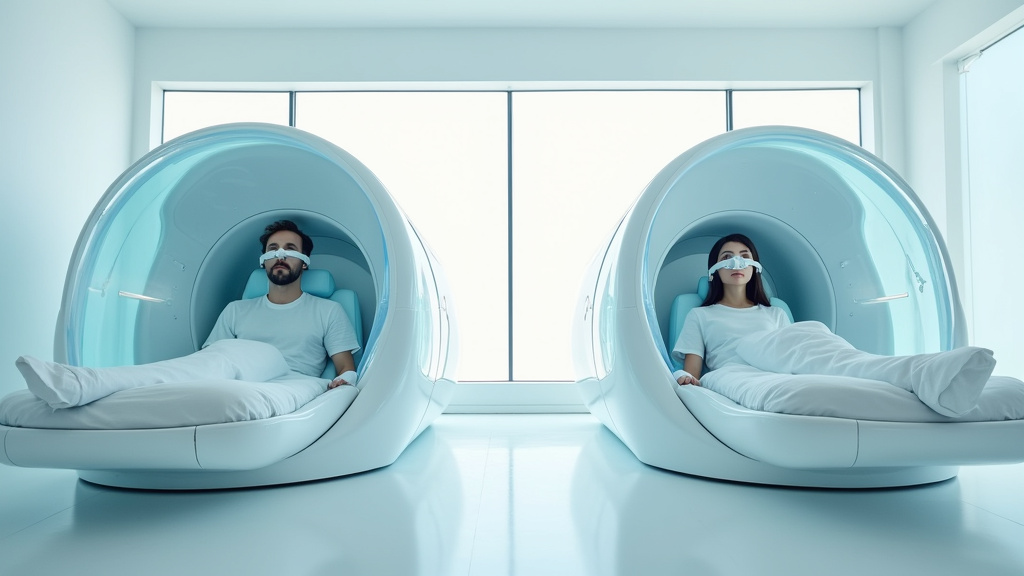 Vue intérieure d'un caisson hyperbare double avec hublots et sièges ergonomiques