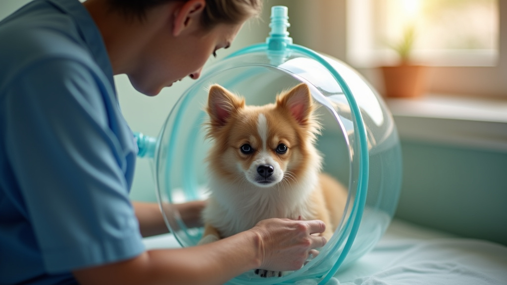 Technicien vétérinaire utilisant un caisson à oxygène pour un chien en détresse respiratoire