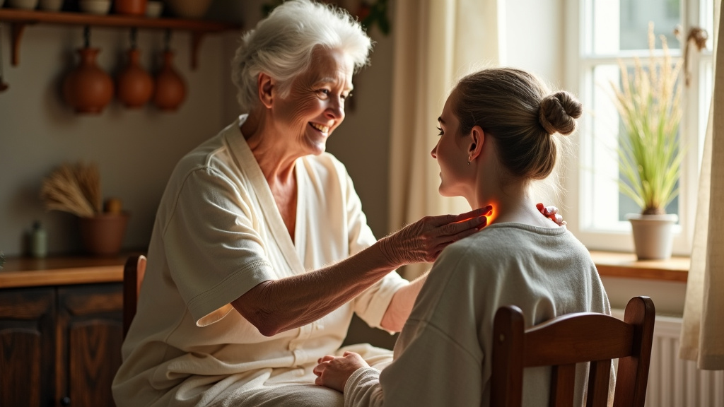 Femme appliquant une bouillotte sur sa nuque pour soulager une douleur cervicale