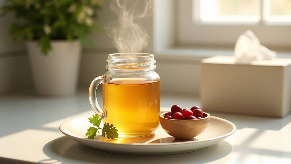 Illustration d'une personne souffrant d'une infection urinaire avec des remèdes naturels autour