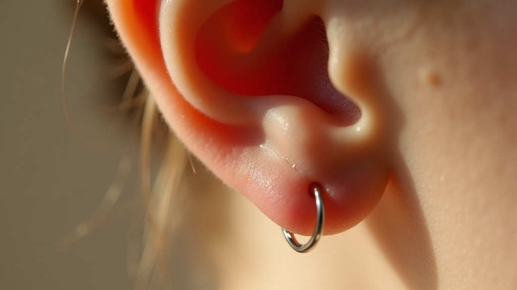 Piercing conch sur une oreille avec bijou en titane, illustrant le perçage au centre du cartilage