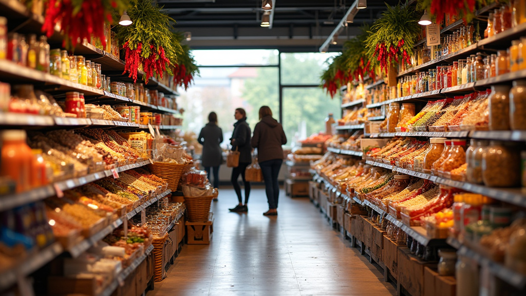 Rayon d'épices colorées et de produits exotiques chez Pro-Inter Hautepierre, mettant en avant la diversité des saveurs mondiales.