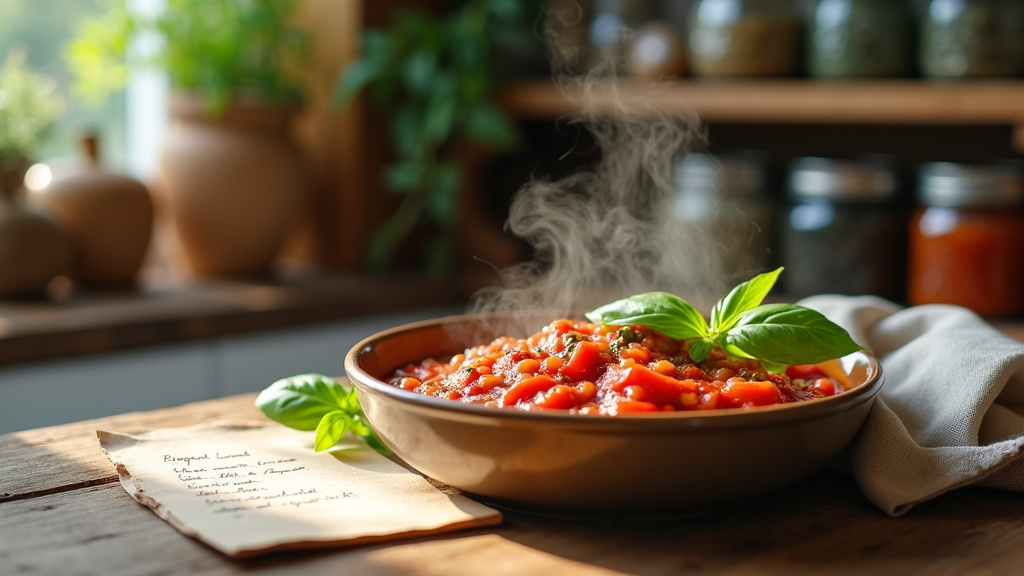 Table de cuisine familiale avec des plats préparés par Maria