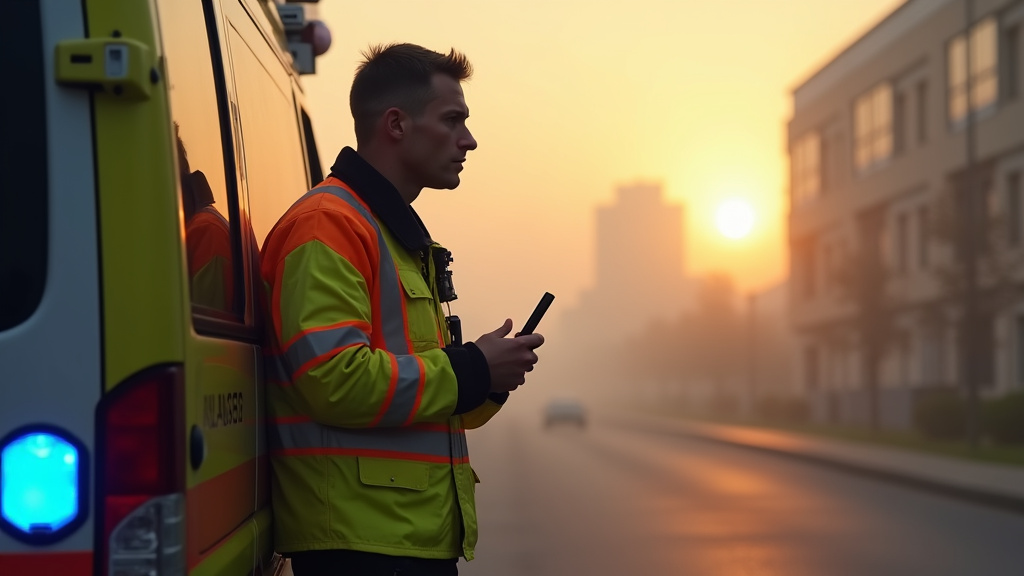 Ambulancier en tenue professionnelle vérifiant l'équipement médical dans une ambulance moderne