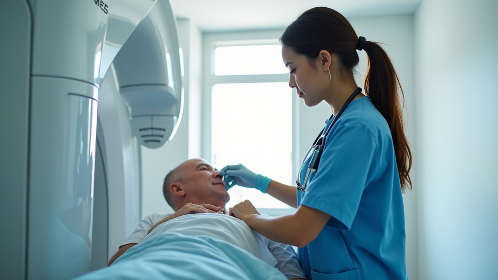 Équipe médicale dans un service d'imagerie, avec un manipulateur en électroradiologie au travail
