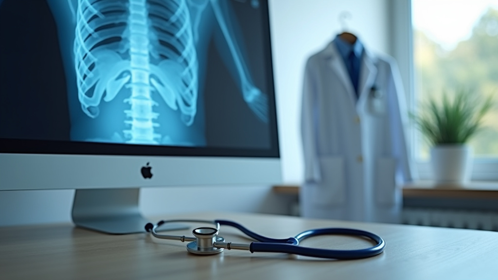 Radiologue examinant des images médicales sur un écran dans un environnement hospitalier moderne