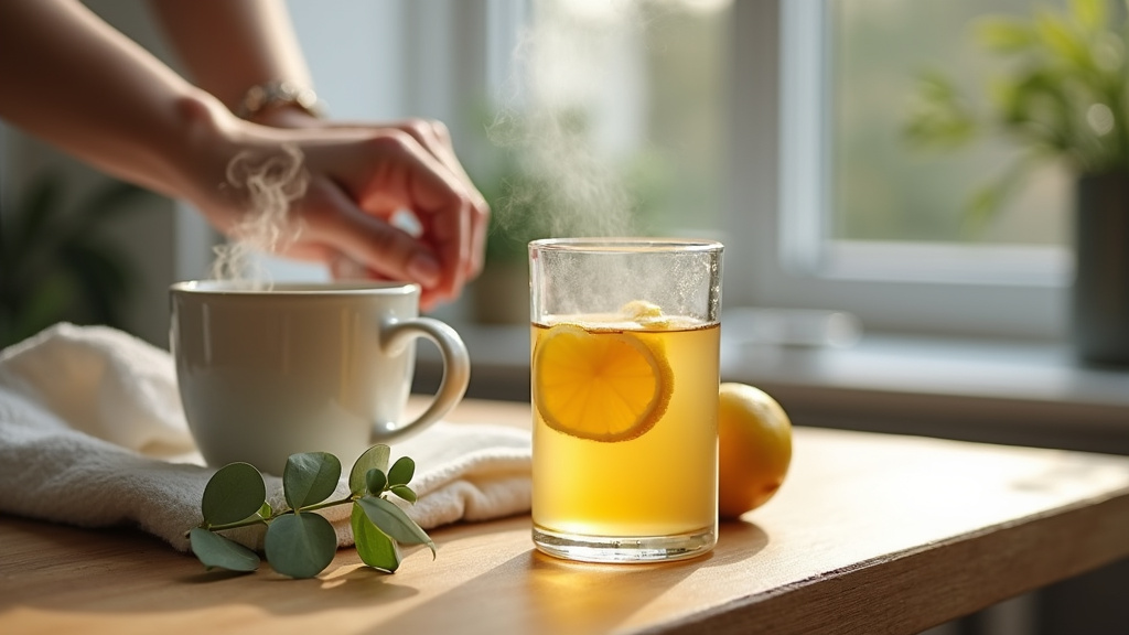 Personne buvant une tasse de thé avec du miel pour soulager une toux
